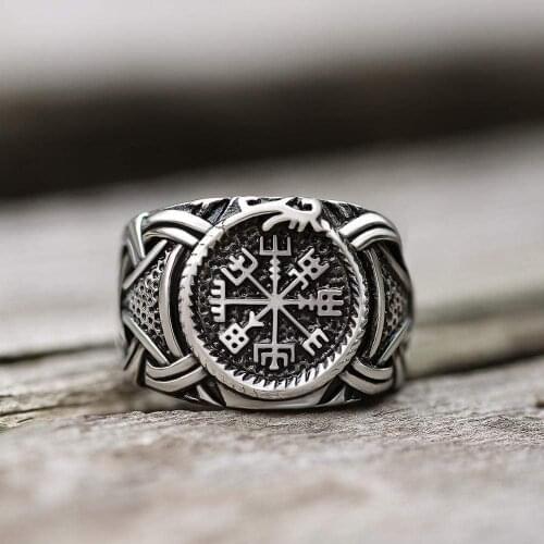 Vintage Viking 316L Stainless Steel Compass Odin Rune Vegvisir Ring for Men Punk Retro Amulet Jewelry Ring Male Bijoux