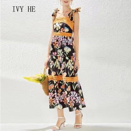 IVY HE High Quality Summer Dress Woman Clothing Patchwork Butterfly Dew Back Sling Midi Long Dress Traf Robe ZA Party Dresses