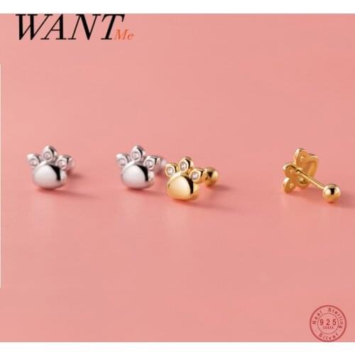WANTME 925 Sterling Silver Korean Romantic Cute Cat Paw Chic Zircon Stud Earrings for Women Trendy Party Accessories Jewelry