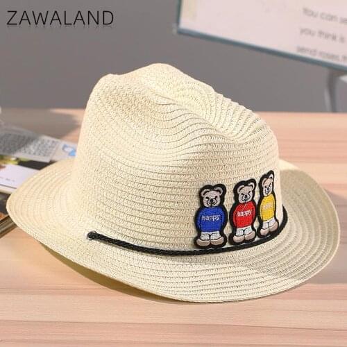 Zawaland Kids Cartoon Straw Hat Children Casual Beach Hats Cute Bear Sun Cap Pink White Khaki Caps for Boys Girls