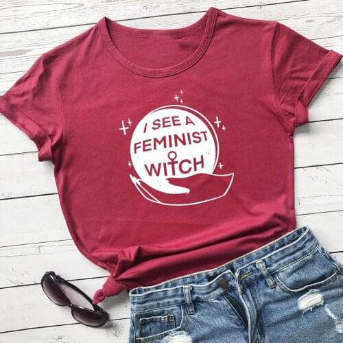I see a feminist witch crystal ball t-shirt women graphic casual funny 100% Cotton grunge tumblr hipster Fashion tee top tshirt