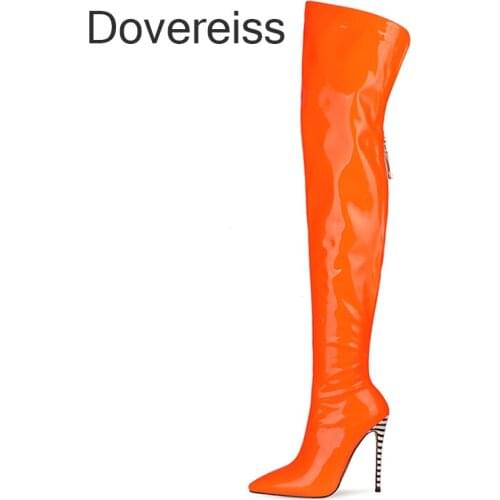 Dovereiss Fashion Womens Shoes Winter Pointed Toe Sexy Yellow New Clear Heels Boots Over The Knee Boots Stilettos Heels 47
