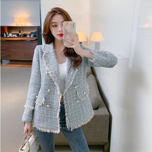 Women 2021 Fashion Office Wear Double Breasted Tweed Blazer Coat Vintage Long Sleeve Frayed Female Outerwear Chic Tops