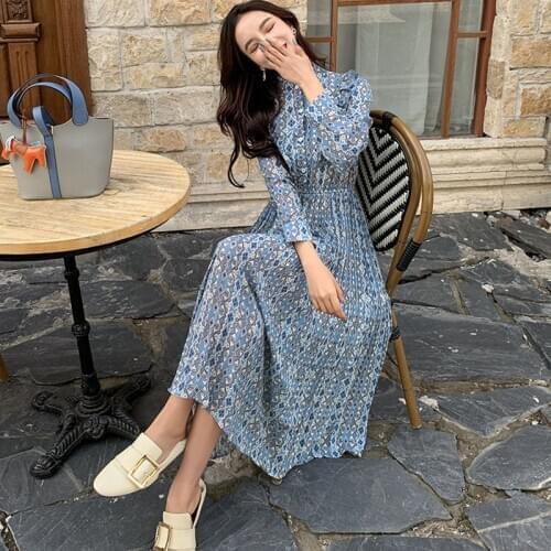 Stylish WomenS Clothing Korean Spring Elegant Sweet Stand Collar Ruffles Long Sleeve Floral Mid-Length Chiffon Pleated Dress