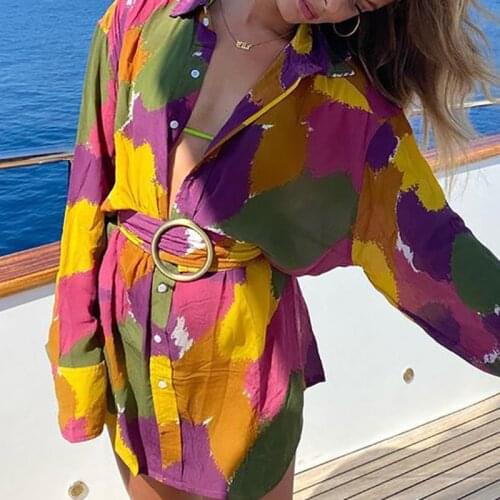 Print Sash Mini Dress Streetwear Long Sleeve Summer Dresses 2021 Sexy Patchwork Button Turn Down Collar Women Party Dress Y2K