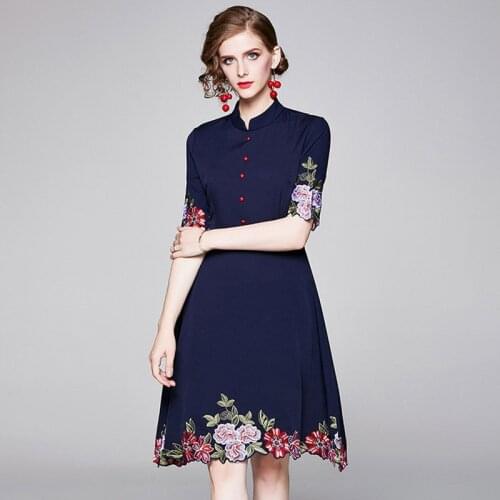 High Quality Flower Embroidery Dress Women Stand Elegant A-Line Dresses Female Summer Casual Midi Dresses Vestidos k858