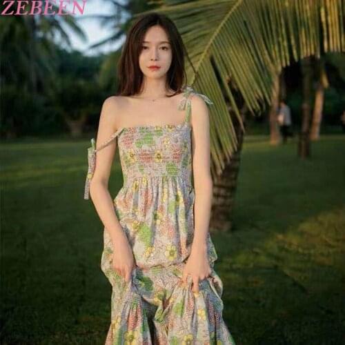 ZEBEEN One-shoulder Tube Top Strap Dress for Women 2021 Summer Boho Floral Print Fashion Casual Mid-length Holiday Beach Dresses