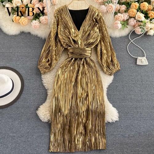 VKBN Summer Dress Party Night Empire Long Sleeve V-Neck Lantern Sleeve Gold Sashes Ruched Dress Elegant Vestidos De Fiesta