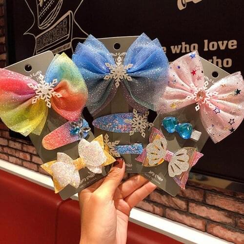 1 Set Women Bowknot Rainbow Sequin Gradient Ramp Hair Accessories Snowflake Colorful Plastic Bow Hairpin Cute Princess Hair Clip