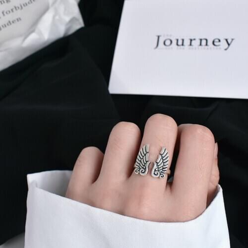 100% Real 925 Sterling Silver Angel Wing Open Rings Vintage Guardian Angel Wings Adjustable Ring for Women Birthday Gift J0067