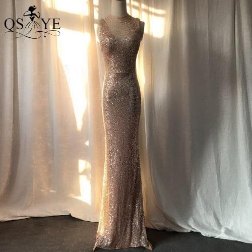 QSYYE Sparkle Gold Evening Dress Mermaid Sequin Evening Gown Fitted Glitter Halter Neck Beadings Formal Party Gown Sleeveless