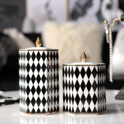 Black White Spaced Diamonds Ceramic Storage Bottle Flower Vase With Lid Tower Shape Wedding Porch Decor Jars And Lids Container