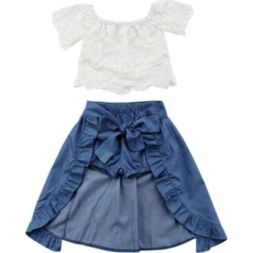 Girl Baby Kid Lace Off-shoulder T-shirt Top Short Pants Dress Party Outfits Toddler Girl Clothes Cotton 2019 O-neck Short Sleeve