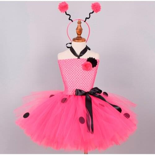 Hot Pink Ladybug Tutu Dress for Girls Baby Birthday Party Flower Dresses with Headband Birthday Outfit Kids Halloween Costume