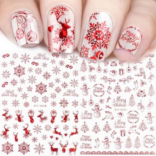 Holographic Red Christmas Nail Sticker Shine Glitter Snowflake Elk Santa Claus Transfer Slider Winter 3D Decal SASTZG050-058-2