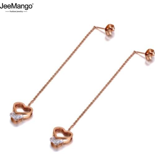 JeeMango Fashion Stainless Steel CZ Crystal Heart Tassel Earrings Jewelry Rose Gold Ear Line Drop Earrings For Women JE20007