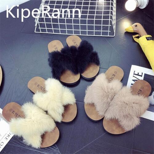KipeRann 2019 Ms. furry slippers ladies cute plush slippers womens shoes winter warm slippers outdoor sandals beach shoes
