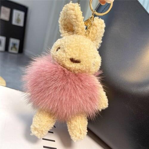 Cute Bunny Real Fox Fur Keychain Plush Toy Rabbit Children School Bag Pendant Women Car Key Ring Ornaments Girl Birthday Gift