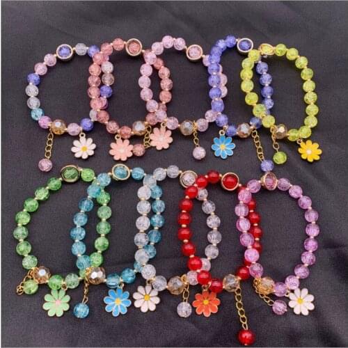 Fashion Candy Color Crystal Bead Bracelet for Women 2021 New Elastic Daisy Flower Charm Gold Chain Bracelets Summer Boho Jewelry