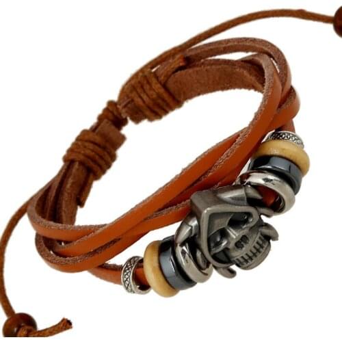 Fashion Punk Gothic Skull Men Bracelet Wrap Vintage Leather Multilayer Weave Beads Charm Bangle Skeleton Wristband Retro Jewelry