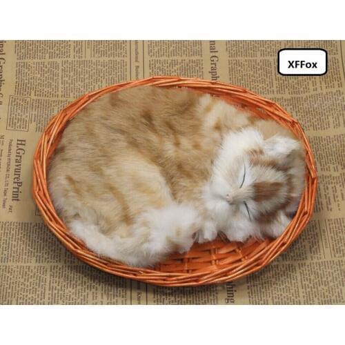 New real life sleeping natural colour cat model in a basket plastic&furs cute yellow stripe cat doll gift about 25x21cm xf1391