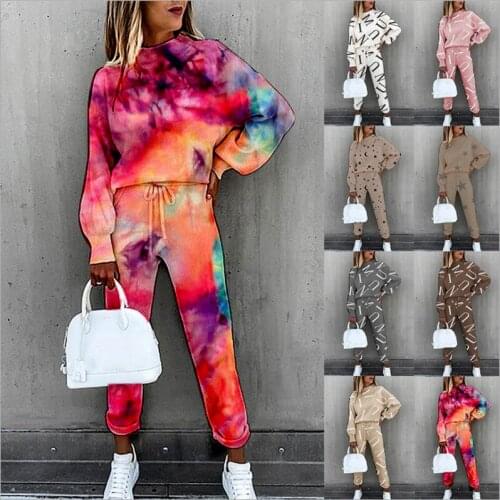 Autumn New 2021 Ladies Suit Printed Long-sleeved Round Neck Loose Casual Top + Sports Pants Two-piece Womens Clothing WF23