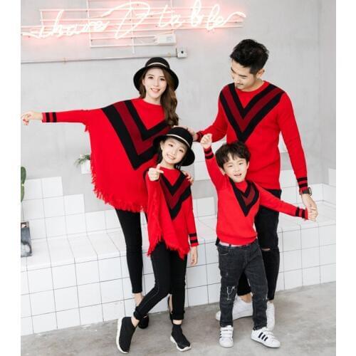 Family Outfits Fashion V-neck Knit Sweaters Father Kid Mom Matching Long Sleeves Mommy and Me Clothing Christmas Family Clothes