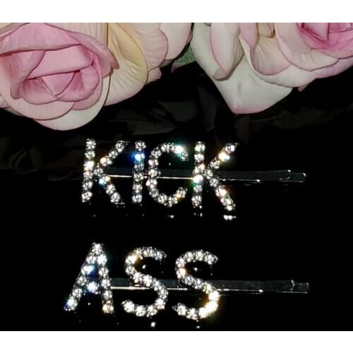 Original Unique Funny Saying Words Hairclips "KICK ASS“ Hair Pins Blingbling Bobby Pins 2pcs/Set Hairgrip Accessories WHOLESALE