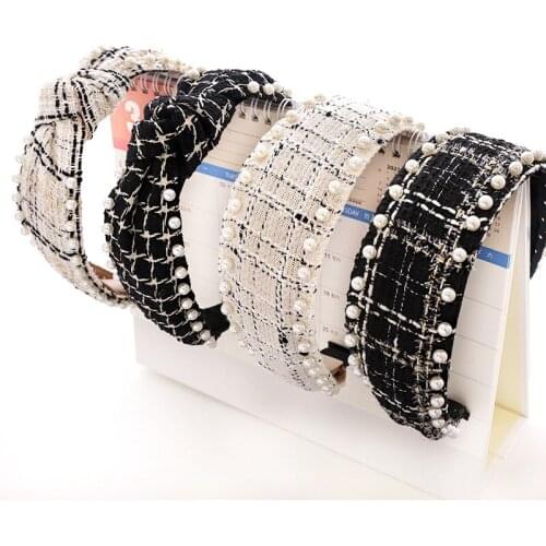 Autumn Winter Woolen bow Knot Headbands Plaid Hair Hoop Classic Pearl Hairbands for Women Girls Fashion Hair Accessories
