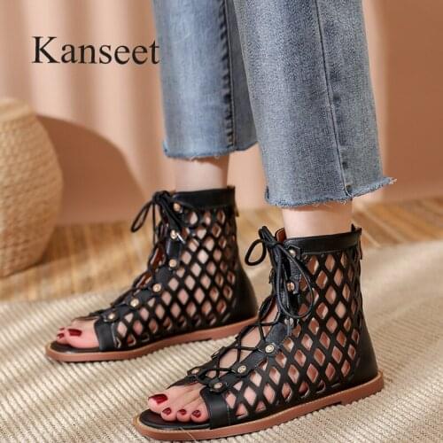 Kanseet New 2021 Summer Vintage Roma Womens Sandals Fashion Hollow Out Genuine Leather Zipper Black Brown Flats Women Shoes