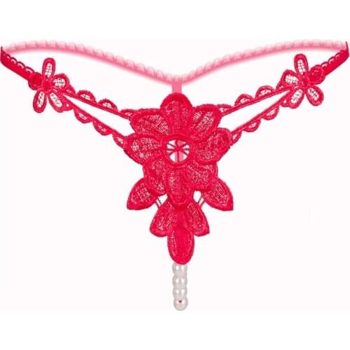 Sexy Lingerie Erotic G-string Embroidery Flower Pearl Pendant Panties Lace Open Crotch Underwear Women Crotchless Thongs Briefs