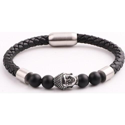 High Quality Men Jewelry New Design Natural Stone Stainless Steel Buddha Head Charm Genuine Leather Bracelet Male