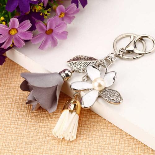 Bag Cute Charm Car Keychain Chain Tassel Flower Ring Crystal Key Women