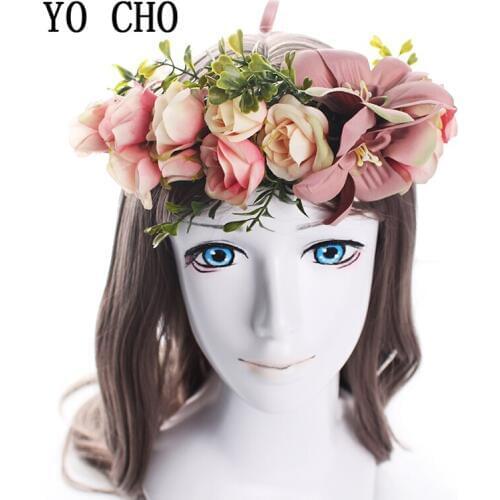 YO CHO High Quality Artificial Flower Garland Wreath Band Hair Hoop Headband Bride Princess Crown Brithday Wedding Party Decor