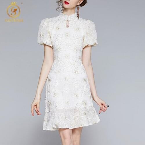 SMTHMA White Embroidery Flowers Elegant Summer Dress For Women Stand Collar Puff Short Sleeve Mermaid Dresses Female New Clothes