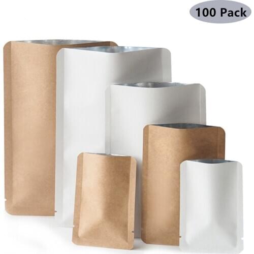 100Pcs/lot Kraft Paper Round Angle Open Top Aluminum Foil Heat Seal Package Bags Dried Fruit Nuts Retail Food Storage Bags