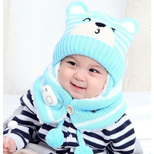2020 Baby Kid Winter Knitted Earmuffs Beanie Cap Scarf Set Children Cartoon Bear Hat