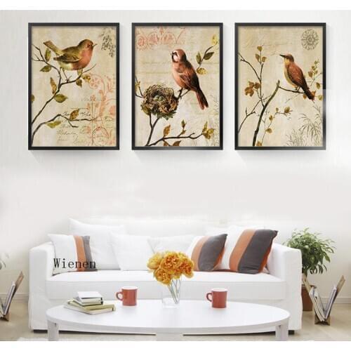 Watercolor Birds On Tree Canvas Painting Triptych American Vintage Art Print Poster Animal Pattern Wall Art Picture Home Decor