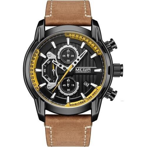 MEGIR Mens Army Sports Watches Leather Waterproof Wristwatch Chronograph Analogue Watch Man Luminous Relogio Masculino 2104