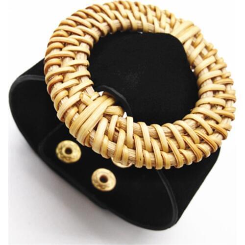 Black Big Rattan Circle Ethnic Trendy Blue Red Wide PU Leather Bracelets Women Fashion Girl Cuff Bangle Female Jewelry geometric