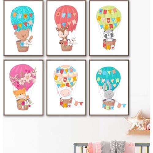 Hot Air Balloon Cartoon Animal Deer Fox Bear Wall Art Canvas Painting Nordic Posters And Prints Wall Pictures Kids Room Decor