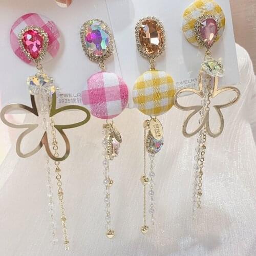 Korean Asymmetric Metal Flower Crystal Long Drop Earrings For Women Girls Fashion Cloth Grid Round Jewelry