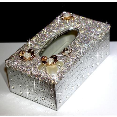 Silver Crocodile Pattern Leather Car Tissue Box Luxury White Crystal Towel Paper Case with Flowers Great Gift for Women Girls