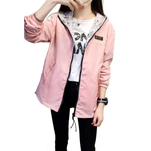 Spring Autumn Coat Women Windbreaker 2021 Zipper Loose Female Hooded Female Jacket Bomber Jacket Solid Pink Outerwear