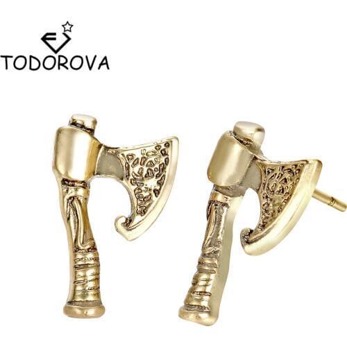 Todorova Punk Axe Male Earrings Hammer of Thor Torque Kolovrat Stud Earrings Women Axe Peruns Slavic Viking Jewelry Gift