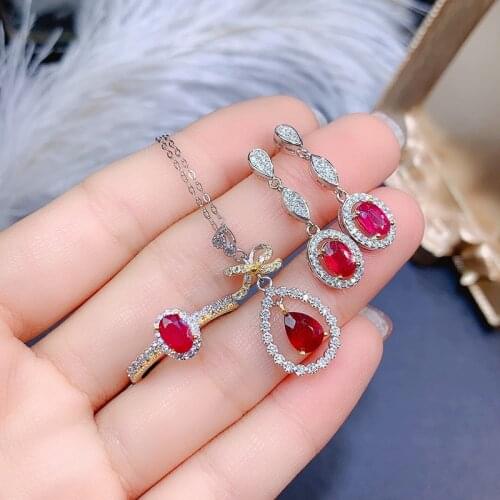4*6 5*5MM Natural Heated Ruby Jewelry Sets for Women Party Necklace Earrings and Ring Top Quality Real Red Gemstones Certificate