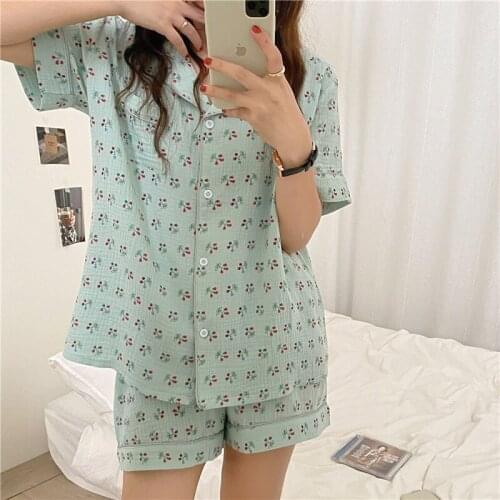 2021 south Korean new cotton double yarn little girl pure and fresh cherry printing leisure wear pajamas pajamas for cotton