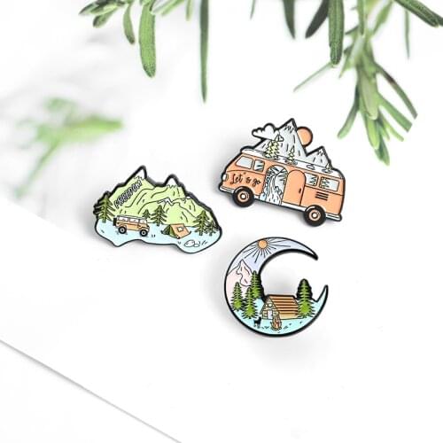 New Product Touring Car Mountain Peak Cartoon Pin Simple River Pine Tree House Exquisite Paint Alloy Fashion Enamel Brooch Badge