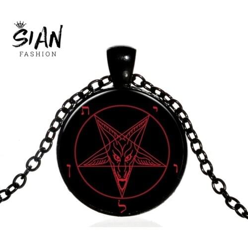 SIAN 2019 Retro Red Goat Pentagram Necklace Baphomet Inverted Pentagram Glass Cabochon Pendant Necklaces Satanist Gothic Jewelry