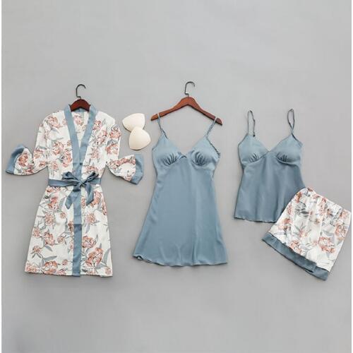 Sexy Women Pajamas Set 4 Pcs Sexy Lace Pyjamas Femme Girls Satin Silk Sleepwear Nightgown Pijamas Robes Sleep Lounge Homewear